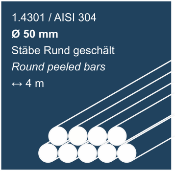 Edelstahlstäbe rund geschält aus 1.4301 (304), 50mm Durchmesser, 4000 mm lang, auf dunkelblauem Hintergrund abgebildet